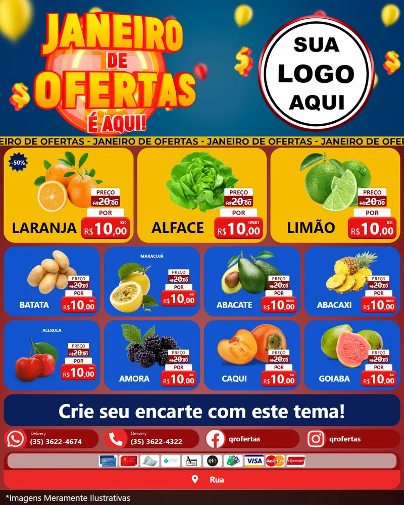 Modelo de Rede Social para Feed Instagram com o tema Janeiro de Ofertas É Aqui! para Hortifrúti