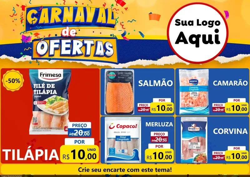 Modelo de Encarte para Encarte A4 Horizontal com o tema Carnaval de Ofertas para Peixaria
