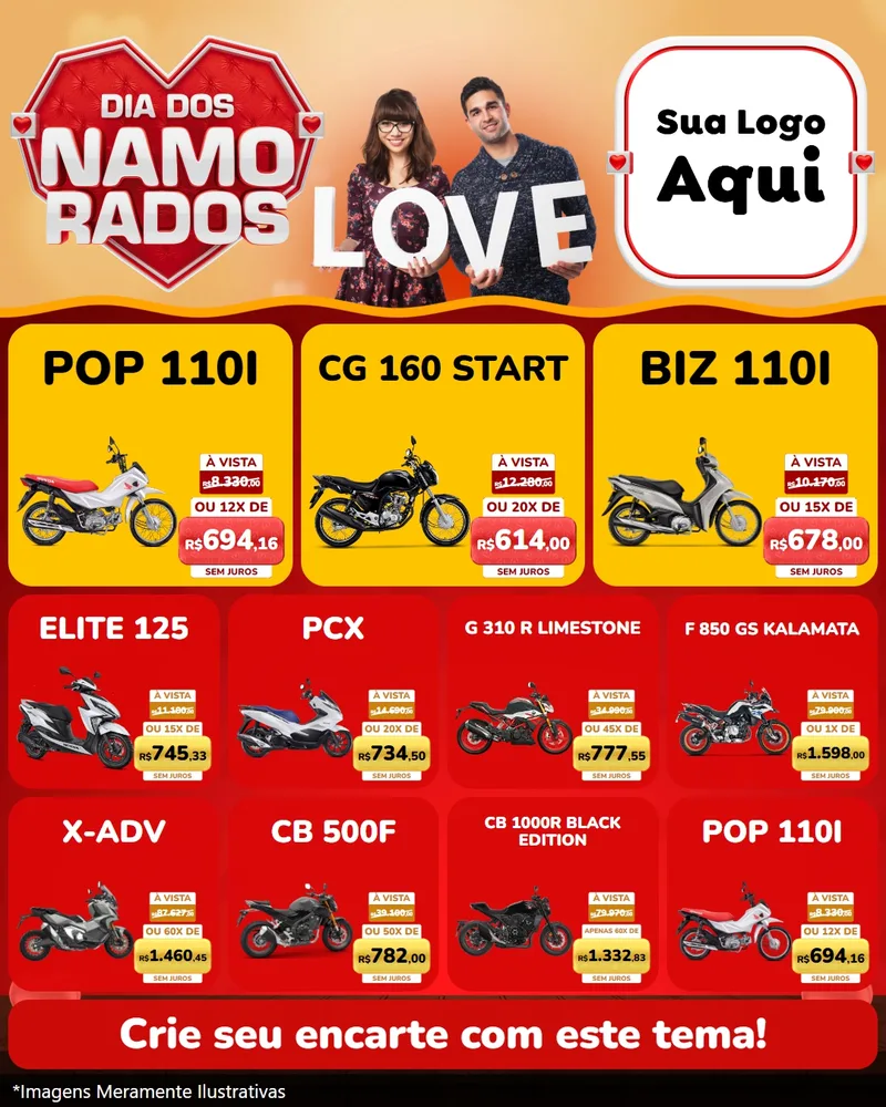 Modelo de Rede Social para Feed Instagram com o tema Dia dos Namorados para Concessionaria de Motos