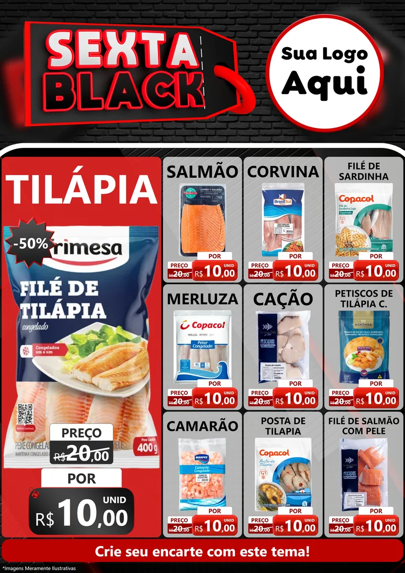 Modelo de Encarte para Encarte A4 Vertical com o tema Sexta Black para Peixaria