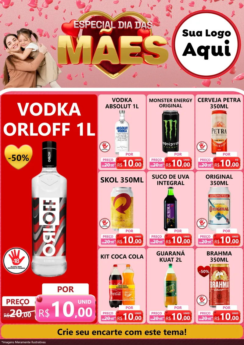 Modelo de Encarte para Encarte A4 Vertical com o tema Especial Dia Das Mães para Distribuidora de bebidas