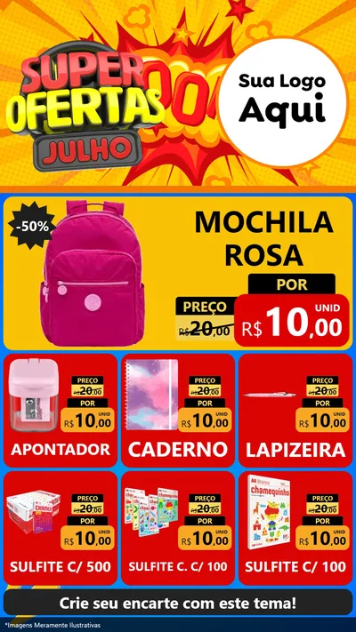 Modelo de Rede Social para Stories com o tema Super Ofertas Julho para Papelaria