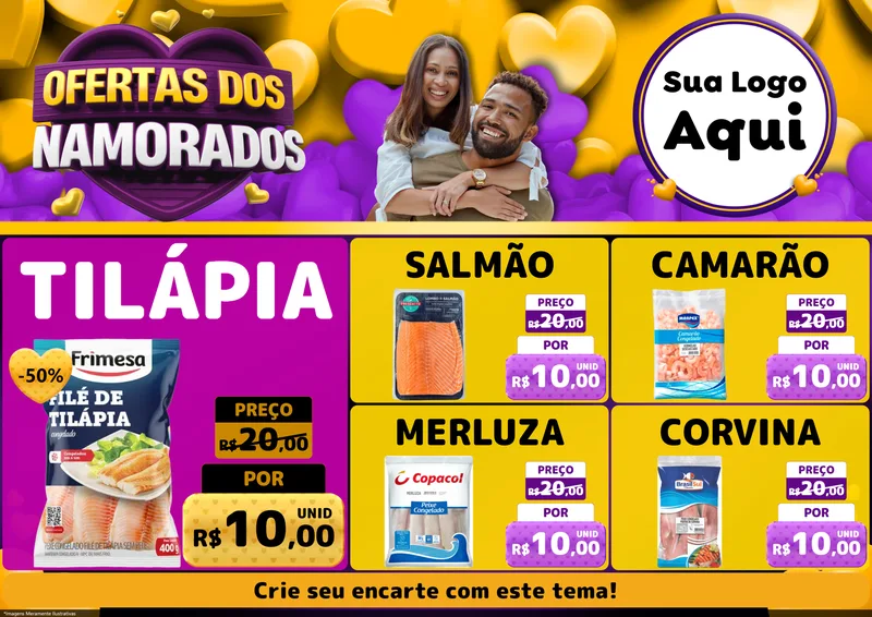 Modelo de Encarte para Encarte A4 Horizontal com o tema Oferta Dos Namorados para Peixaria