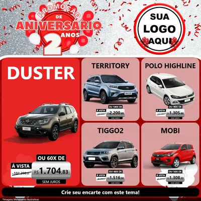Modelo de Rede Social para Feed Facebook com o tema Promoção de Aniversário - 2 Anos para Concessionaria de Carros
