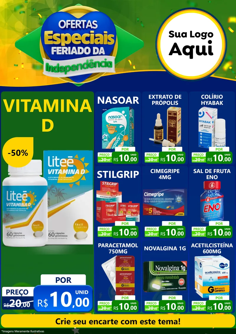 Modelo de Encarte para Encarte A4 Vertical com o tema Ofertas Especiais Feriado da Independência para Farmácia