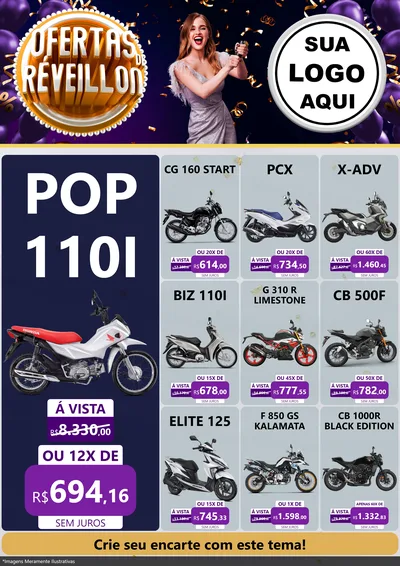 Modelo de Encarte para Encarte A4 Vertical com o tema Ofertas de Réveillon para Concessionaria de Motos