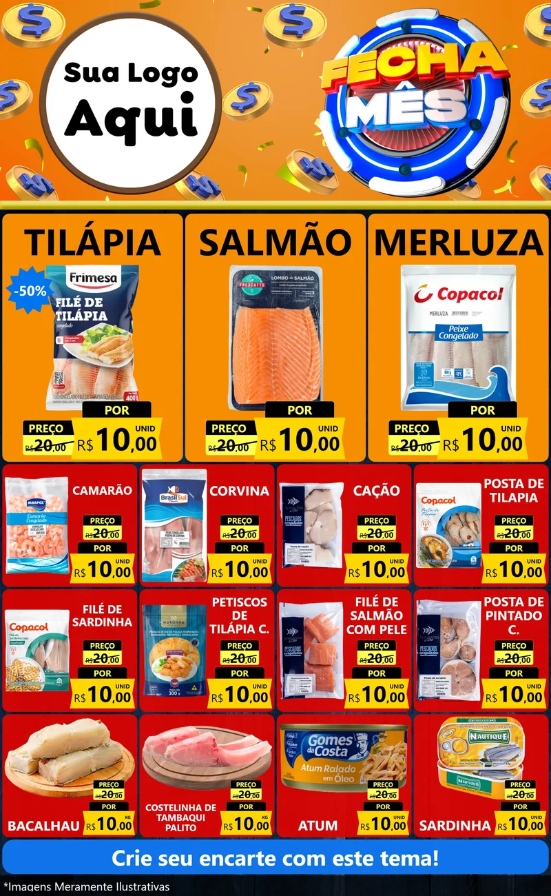 Modelo de Encarte para Encarte Grande com o tema Fecha Mês para Peixaria