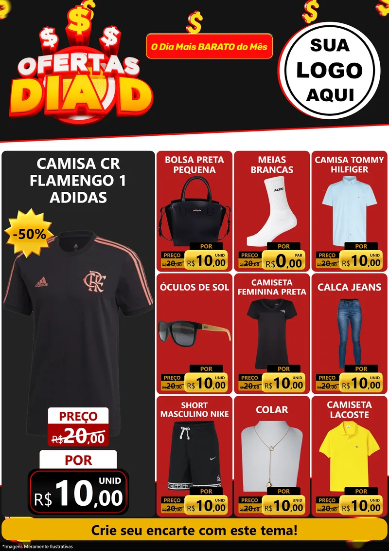 Modelo de Encarte para Encarte A4 Vertical com o tema Ofertas Dia D para Roupas e acessórios