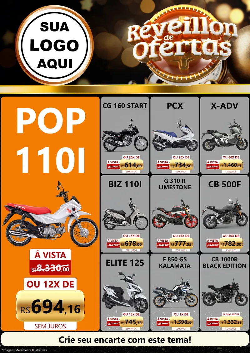 Modelo de Encarte para Encarte A4 Vertical com o tema Réveillon de Ofertas para Concessionaria de Motos