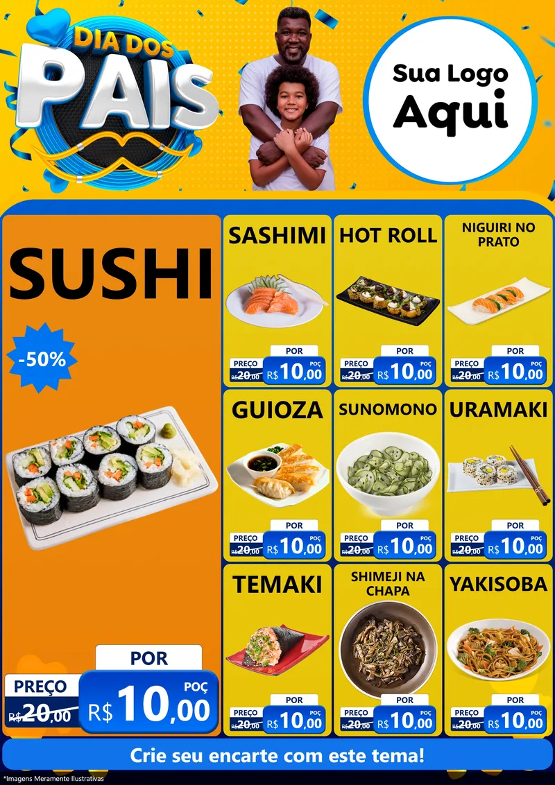 Modelo de Encarte para Encarte A4 Vertical com o tema Dia dos Pais para Comida japonesa