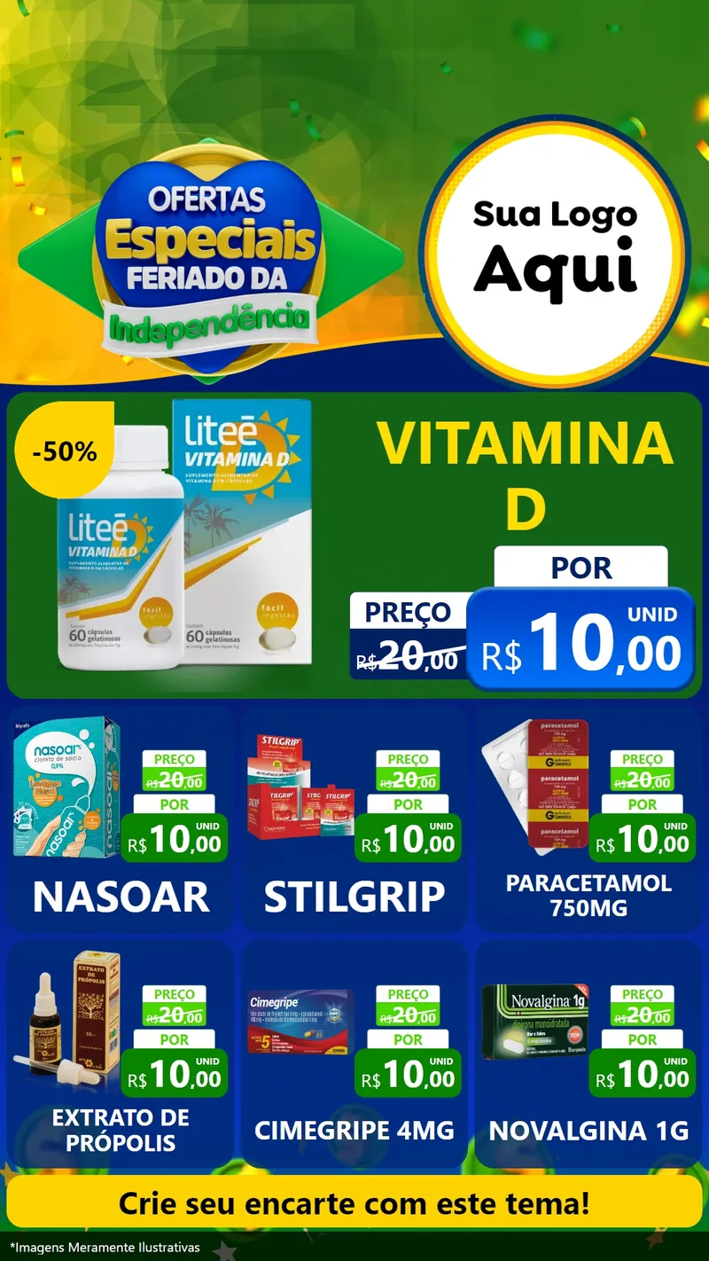 Modelo de Rede Social para Stories com o tema Ofertas Especiais Feriado da Independência para Farmácia