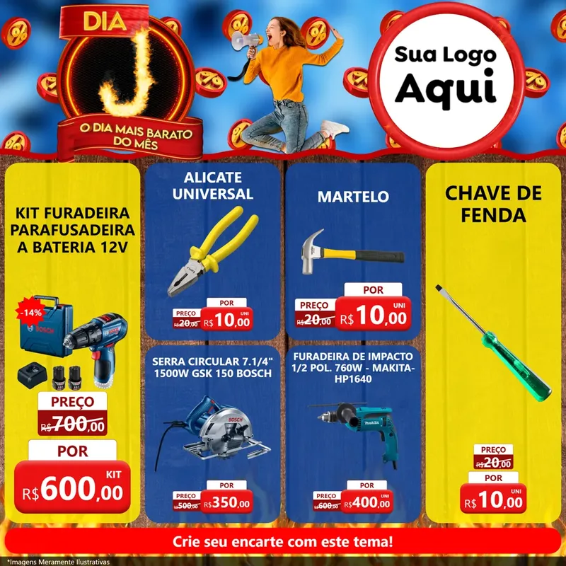 Modelo de Rede Social para Feed Facebook com o tema Dia J - O Dia Mais Barato Do Mês para Maquinas e Ferramentas