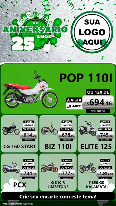 Modelo de Rede Social para Stories com o tema Promoção de Aniversário - 25 Anos para Concessionaria de Motos