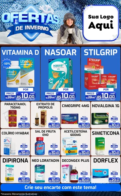 Modelo de Encarte para Encarte Grande com o tema Ofertas de Inverno para Farmácia