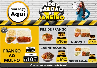 Modelo de Encarte para Encarte A4 Horizontal com o tema Mega Saldão de Janeiro para Restaurante
