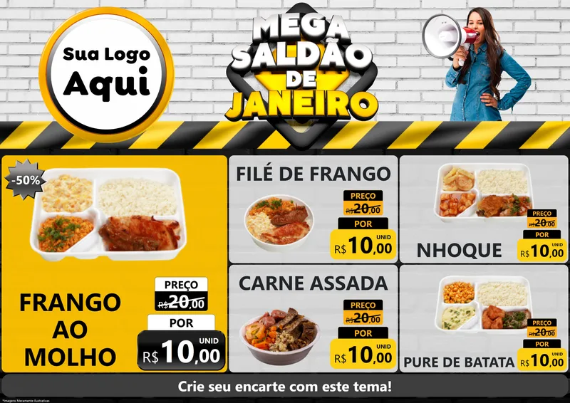 Modelo de Encarte para Encarte A4 Horizontal com o tema Mega Saldão de Janeiro para Restaurante