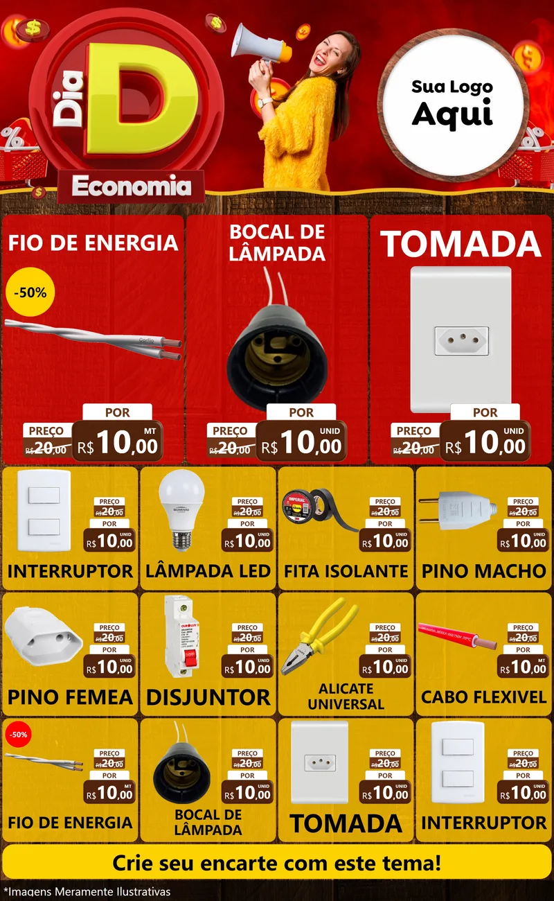 Modelo de Encarte para Encarte Grande com o tema Dia D Economia para Materiais Elétricos