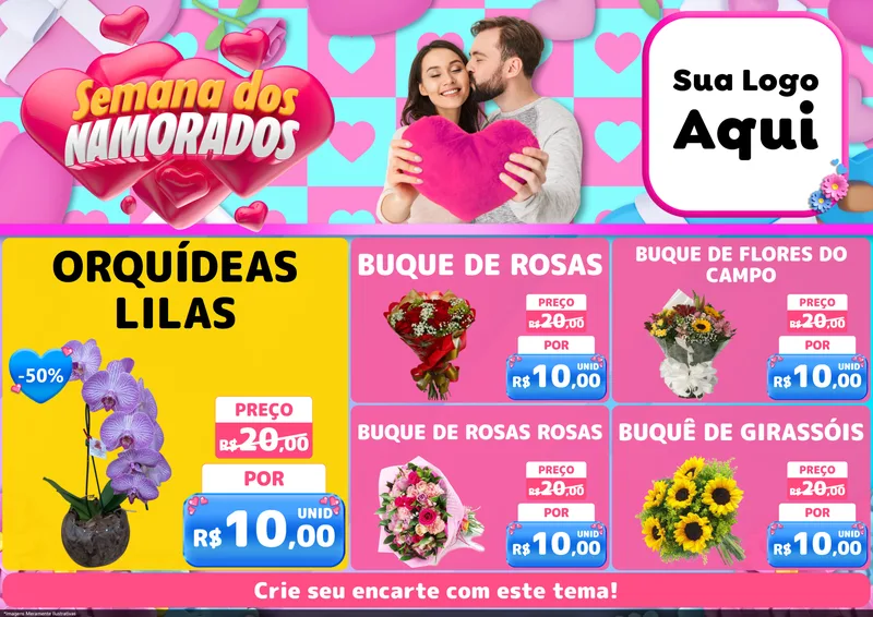 Modelo de Encarte para Encarte A4 Horizontal com o tema Semana dos Namorados para Floricultura e jardim