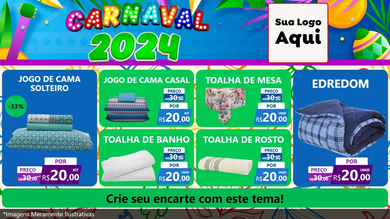 Modelo de TV para TV Horizontal com o tema Carnaval 2027 para Cama, Mesa e Banho