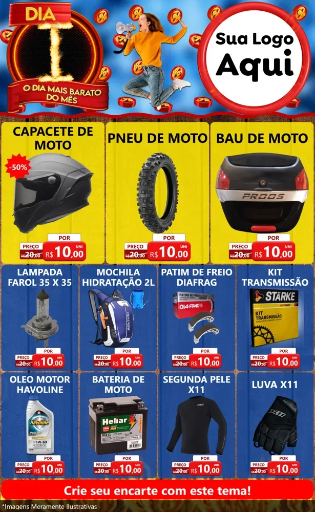 Modelo de Encarte para Encarte Grande com o tema Dia I - O Dia Mais Barato Do Mês para Moto peças