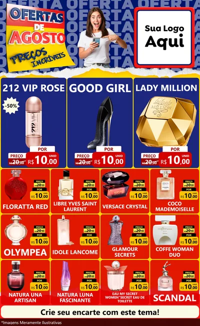 Modelo de Encarte para Encarte Grande com o tema Ofertas de Agosto - Preços Incríveis para Perfumes