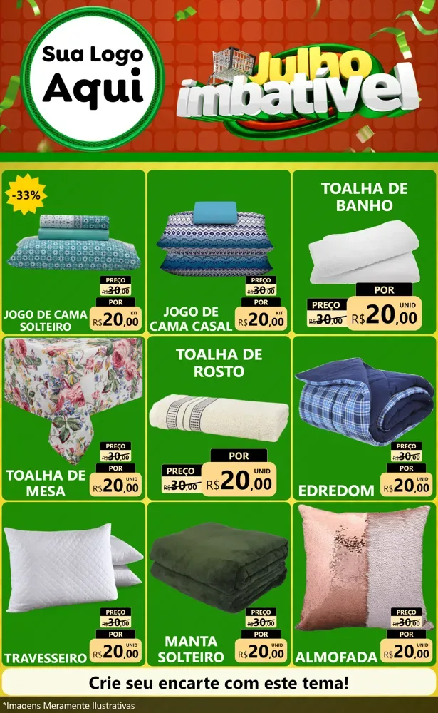 Modelo de Encarte para Encarte Grande com o tema Julho Imbatível para Cama, Mesa e Banho