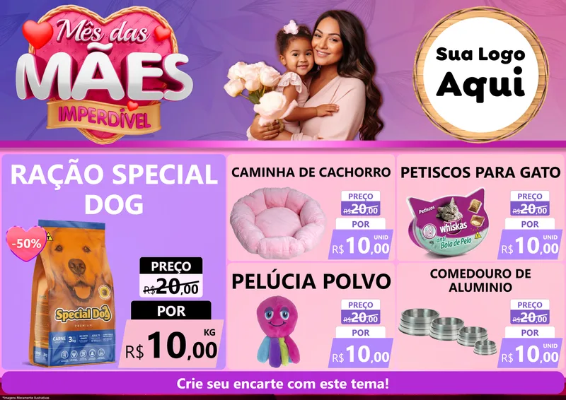 Modelo de Encarte para Encarte A4 Horizontal com o tema Mês das Mães Imperdível para Pet Shop