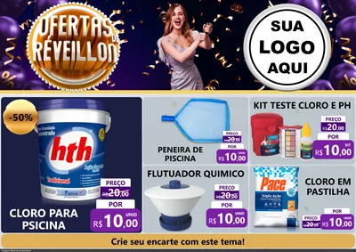 Modelo de Encarte para Encarte A4 Horizontal com o tema Ofertas de Réveillon para Produtos para Piscina