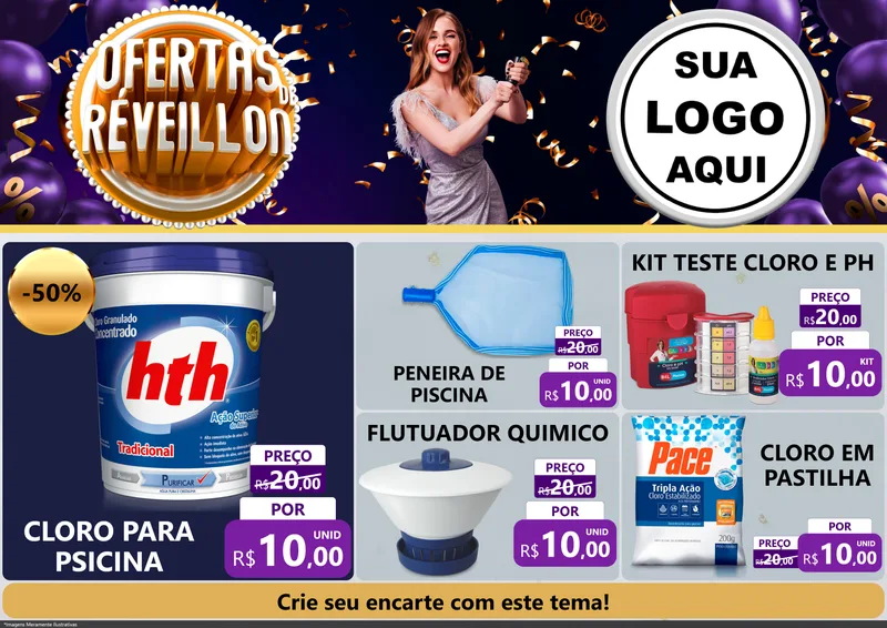 Modelo de Encarte para Encarte A4 Horizontal com o tema Ofertas de Réveillon para Produtos para Piscina