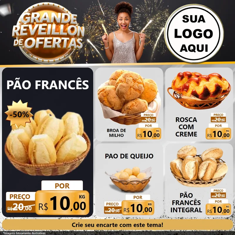 Modelo de Rede Social para Feed Facebook com o tema Grande Réveillon de Ofertas para Padaria