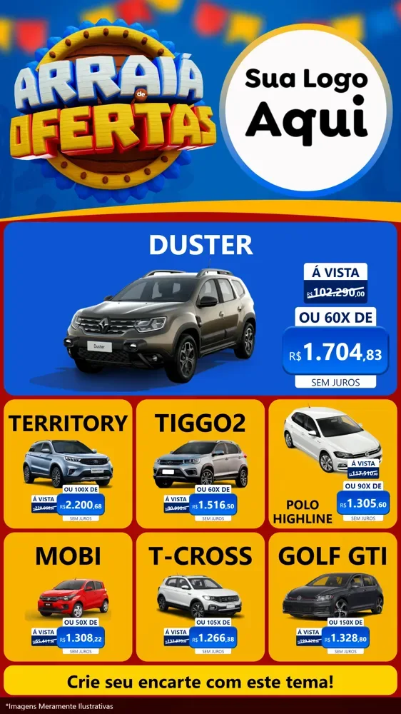 Modelo de Rede Social para Stories com o tema Arraiá de Ofertas - Junina para Concessionaria de Carros