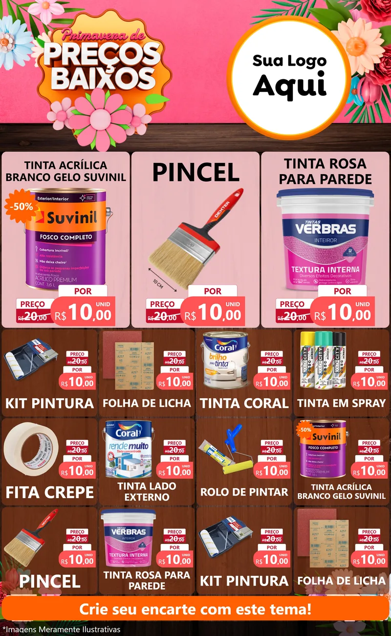 Modelo de Encarte para Encarte Grande com o tema Primavera de Preços Baixos para Tintas e Ferramentas