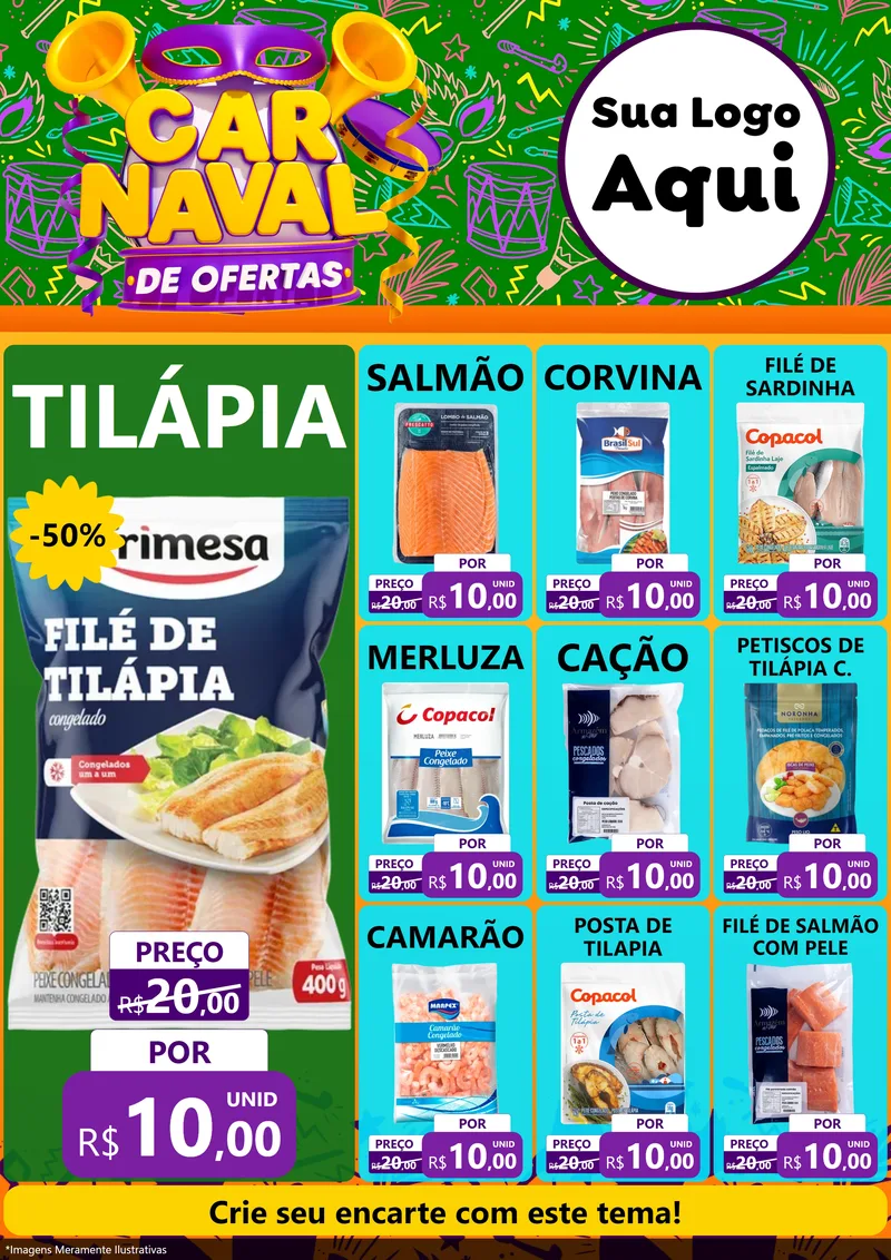 Modelo de Encarte para Encarte A4 Vertical com o tema Carnaval de Ofertas para Peixaria