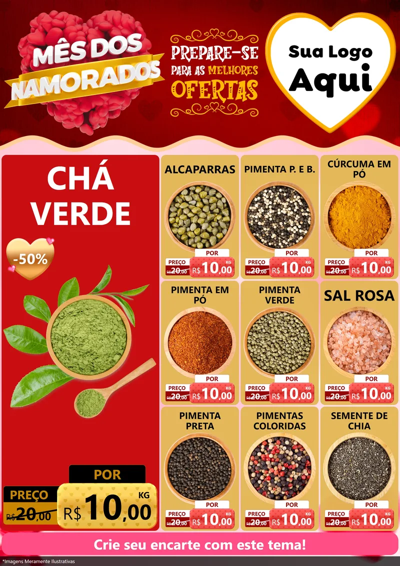 Modelo de Encarte para Encarte A4 Vertical com o tema Mês dos Namorados para Produtos Naturais