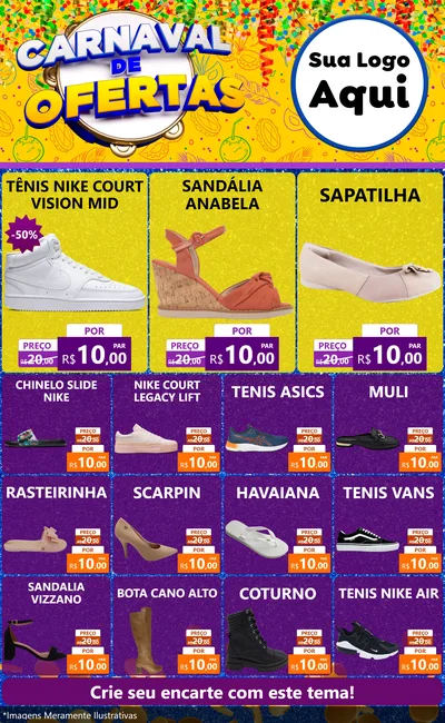 Modelo de Encarte para Encarte Grande com o tema Carnaval de Ofertas para Calçados
