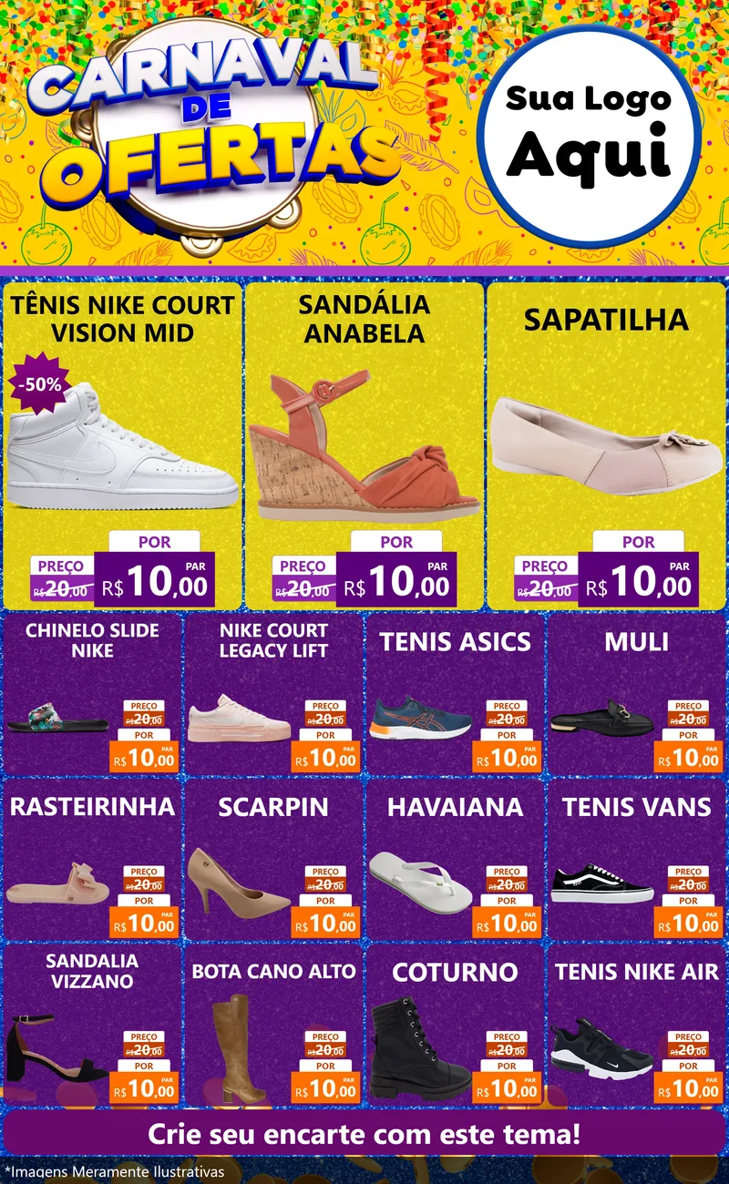 Modelo de Encarte para Encarte Grande com o tema Carnaval de Ofertas para Calçados