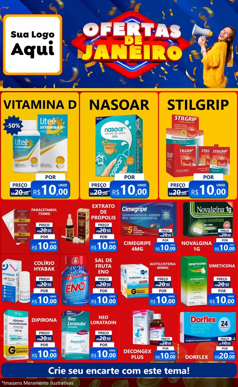 Modelo de Encarte para Encarte Grande com o tema Ofertas de Janeiro para Farmácia