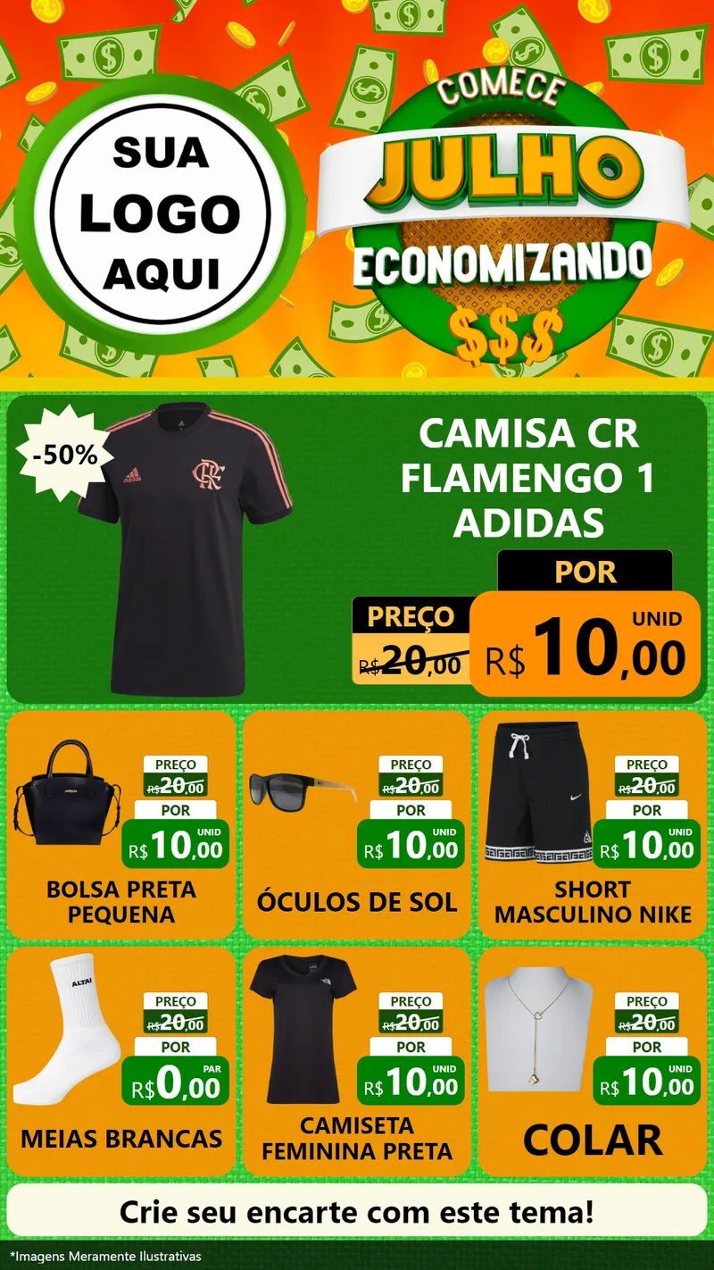 Modelo de Rede Social para Stories com o tema Comece Julho Economizando para Roupas e acessórios