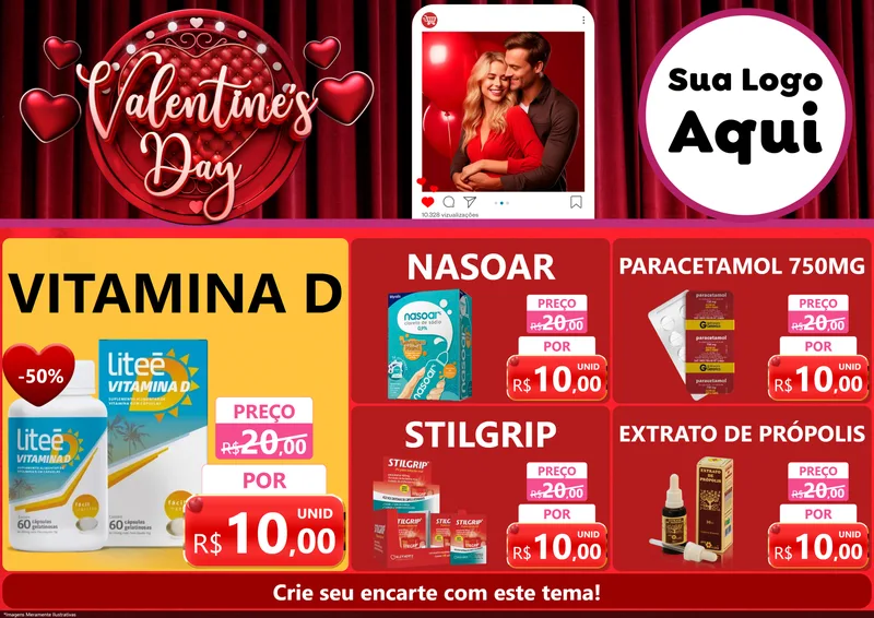 Modelo de Encarte para Encarte A4 Horizontal com o tema Valentine's Day para Farmácia