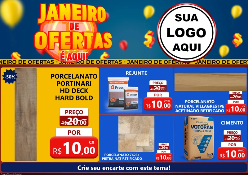 Modelo de Encarte para Encarte A4 Horizontal com o tema Janeiro de Ofertas É Aqui! para Pisos e revestimentos