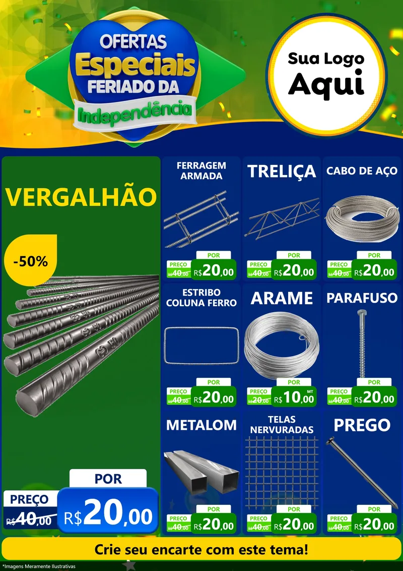 Modelo de Encarte para Encarte A4 Vertical com o tema Ofertas Especiais Feriado da Independência para Ferragens