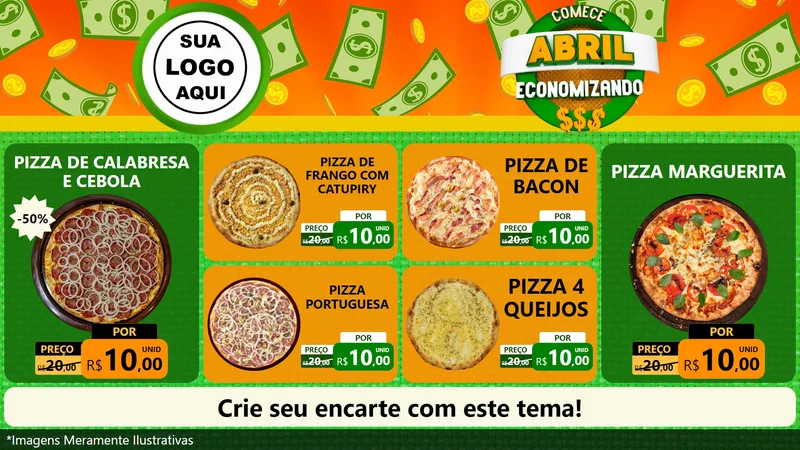 Modelo de TV para TV Horizontal com o tema Comece Abril Economizando para Pizzaria