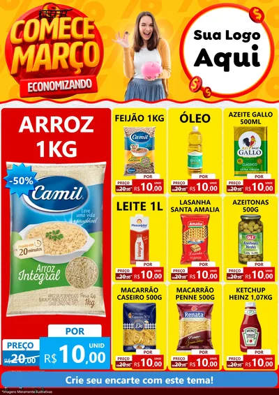Modelo de Encarte para Encarte A4 Vertical com o tema Comece Março Economizando para Supermercado