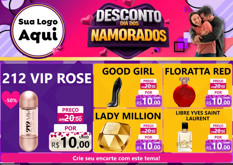 Modelo de Encarte para Encarte A4 Horizontal com o tema Desconto Dia dos Namorados para Perfumes