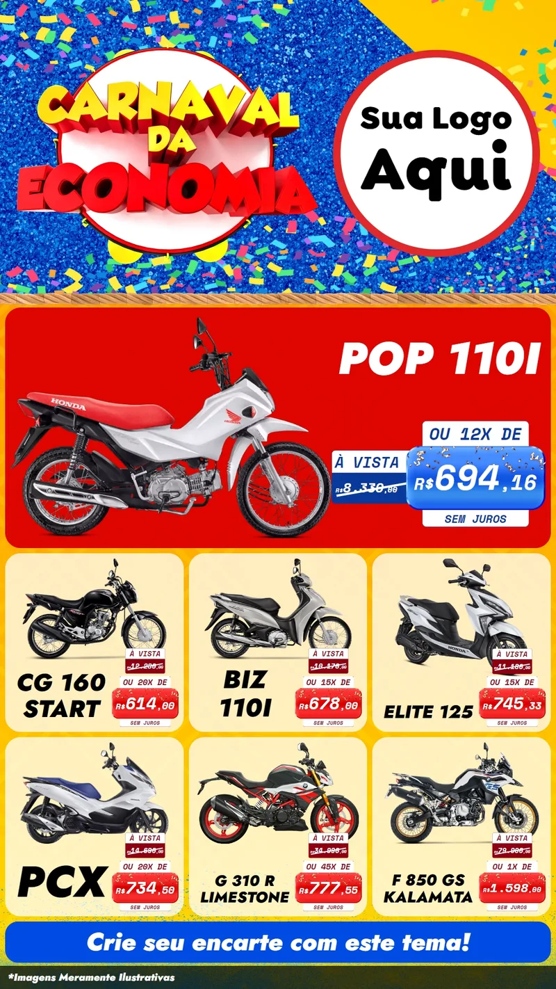 Modelo de Rede Social para Stories com o tema Carnaval da Economia para Concessionaria de Motos