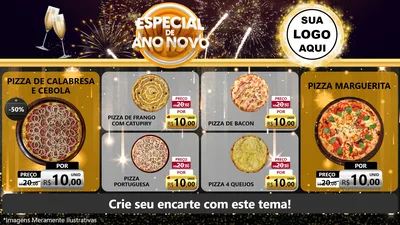 Modelo de TV para TV Horizontal com o tema Especial de Ano Novo para Pizzaria