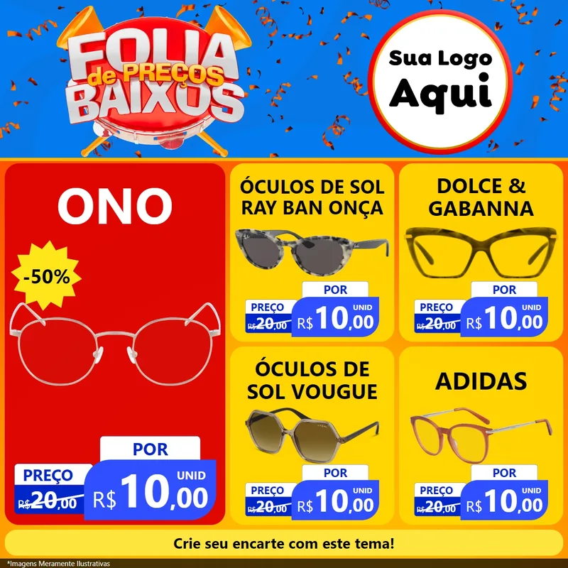 Modelo de Rede Social para Feed Facebook com o tema Folia de Preços Baixos para Óticas