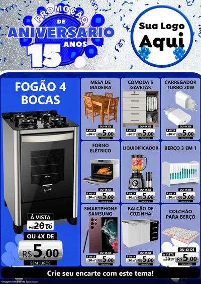 Modelo de Encarte para Encarte A4 Vertical com o tema Promoção de Aniversário - 15 Anos para Móveis e Eletro