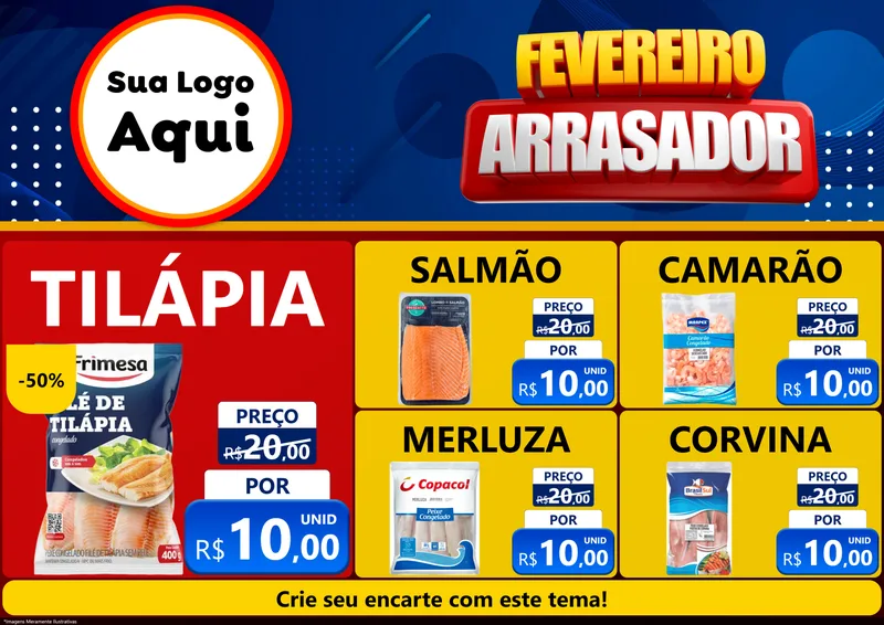 Modelo de Encarte para Encarte A4 Horizontal com o tema Fevereiro Arrasador para Peixaria
