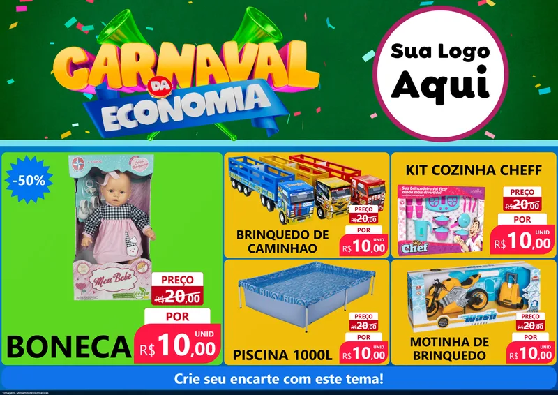 Modelo de Encarte para Encarte A4 Horizontal com o tema Carnaval da Economia para Brinquedos